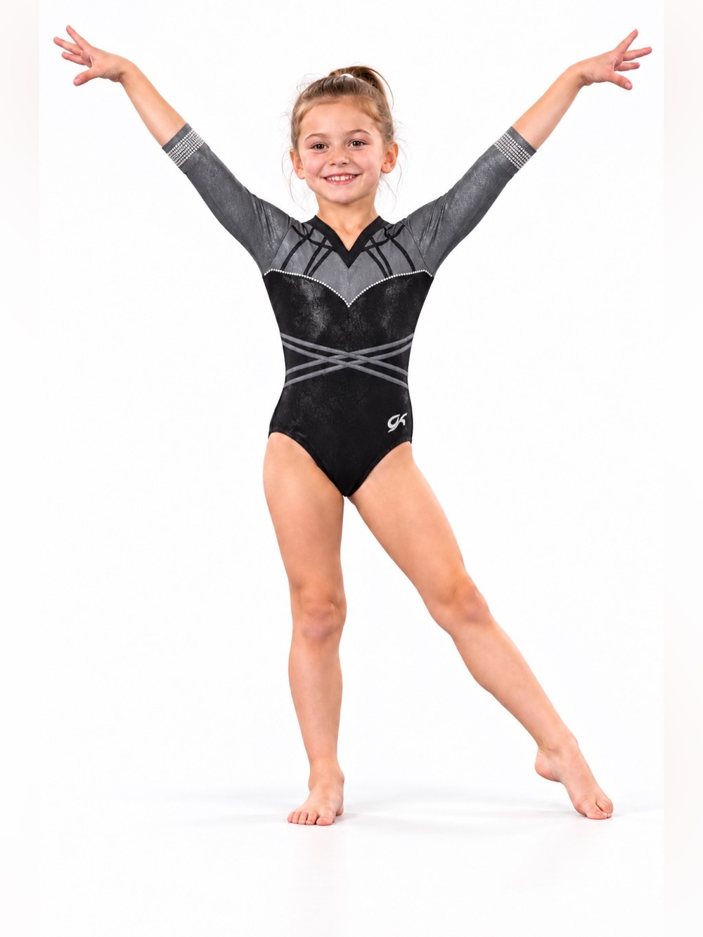 GK elite gymnastics competition leotard long sleeve gray black crystals MC Med